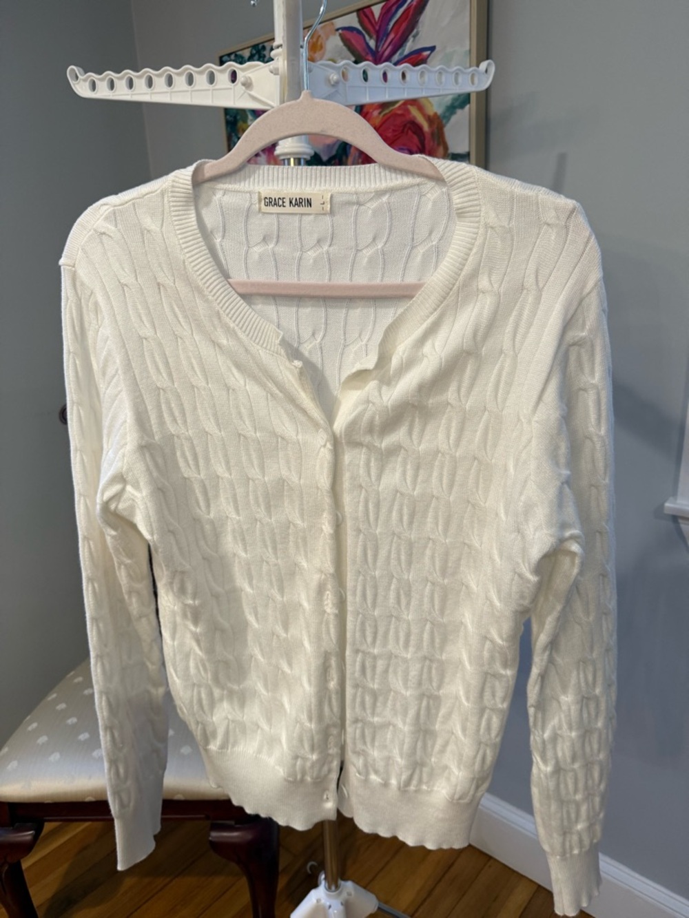 Grace Karin Cream Cable-Knit Button-Front Cardigan